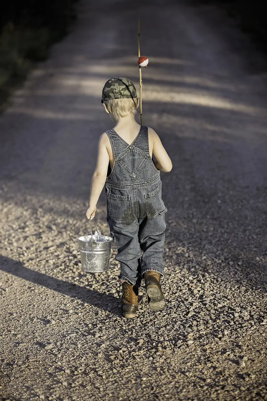 boy, child, fishing rod, bucket, fishing, fisherman, nature, kid, young, small, childhood, walking, summer, adventure, lifestyle, outdoors, back view